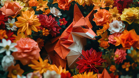 Detailed origami fox, surrounded by vibrant flowers, elegant and intricateの素材