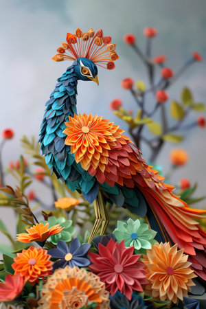 Elegant origami peacock with vibrant feathers, surrounded by flowersの素材