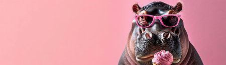 Hippo wearing pink sunglasses, holding an ice cream cone, pink background, playful vibeの素材