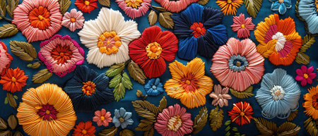 Closeup of intricate embroidery work showcasing a vibrant and colorful floral patternの素材