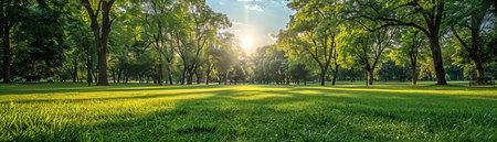 Lush green grass and trees in a peaceful park setting, offering a serene landscape on a bright summer dayの素材