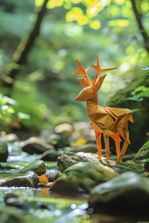 Origami deer by a sunlit stream in a forest, surrounded by rocks and greenery, peaceful and naturalの素材