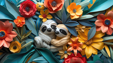 Cute origami sloth amidst vibrant flowers and leaves, playful and whimsicalの素材