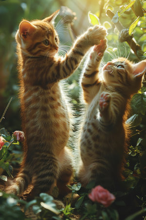 Two playful cats engaging in a mock battle, with paws raised, in a lush garden setting illuminated by sunlightの素材