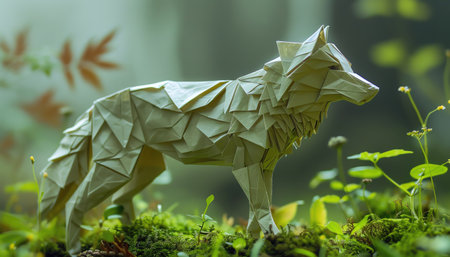 White origami wolf in a forest, mossy ground, soft lightの素材
