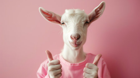 Goat in pink shirt, thumbs up, pink background, cheerful expressionの素材