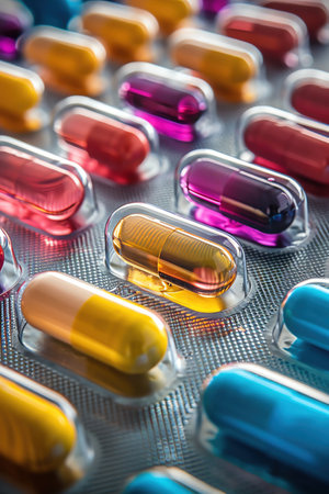 Closeup of colorful capsules in blister packs, pharmaceutical conceptの素材