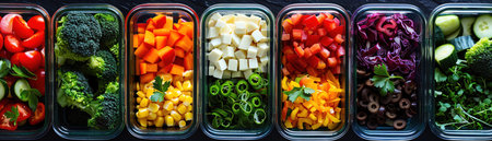 Colorful healthy meal prep boxes, vibrant vegetables, and proteinsの素材