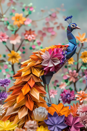 Elegant origami peacock with vibrant feathers, surrounded by flowersの素材
