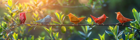 Colorful origami birds perched on lush green branches, vibrant foliage, and soft morning lightの素材