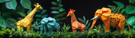 Cute origami jungle animals, giraffes and elephants, surrounded by lush greeneryの素材