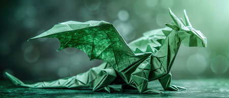 Green origami dragon, detailed design, dark backgroundの素材