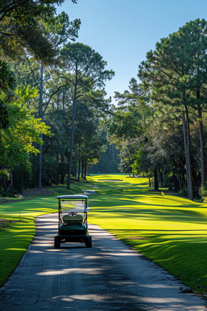 Golf cart on a lush course, sunny day, wellmaintained greensの素材