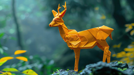 Golden origami deer standing on a rock, lush forest backgroundの素材