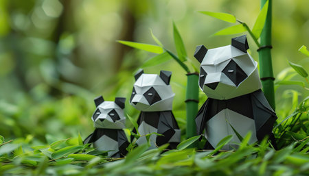 Family of origami pandas in a bamboo forest, serene and cuteの素材