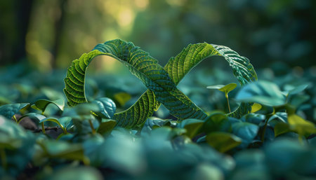 Green leafy infinity symbol on a blurred background, outdoor setting, soft focusの素材
