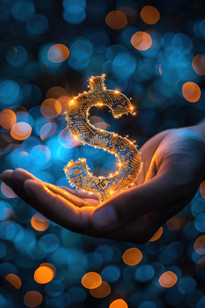 Hand holding a glowing dollar sign, blue bokeh background, financial conceptの素材