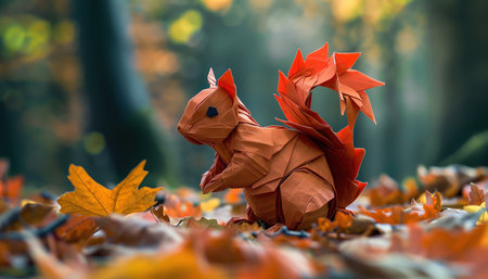 Orange origami squirrel in an autumn forest, surrounded by fallen leaves, playful and detailedの素材
