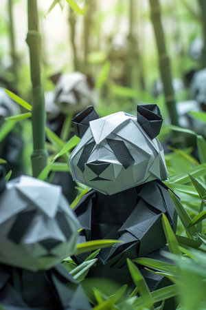 Numerous origami pandas in a lush green bamboo forestの素材