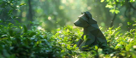 Origami bear in a sunlit forest, surrounded by lush greenery and soft light, calm and naturalの素材