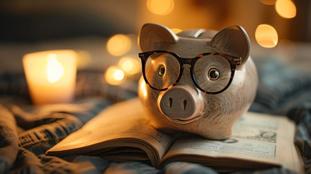 Piggy bank with glasses on financial documents, warm lightingの素材