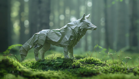 White origami wolf in a forest, mossy ground, soft lightの素材