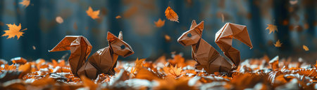 Two origami squirrels in an autumn forest, surrounded by fallen leaves, playful and detailedの素材