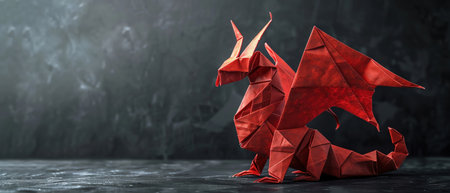 Red origami dragon, intricate design, dark backgroundの素材