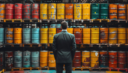Man in suit facing shelves of colorful barrels, organized and industrialの素材