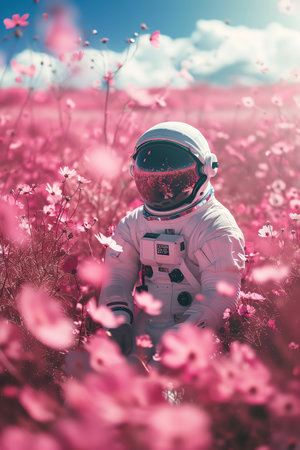 Astronaut in a pink alien flower field, dreamy and surrealの素材