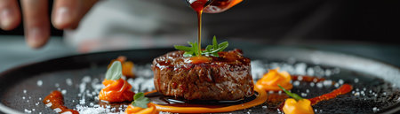 A sophisticated culinary presentation of a gourmet dish with a hand pouring a delicate sauce over a pureed garnish and roasted foodの素材