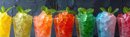 Assorted colorful shaved ice drinks with mint leaves, vibrant background, refreshing and coolの素材
