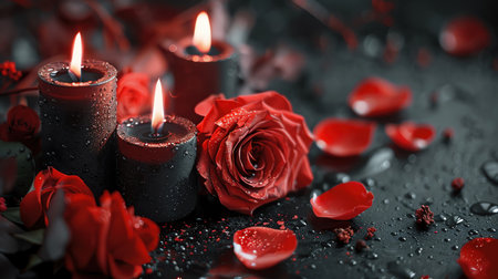 Black candles and red roses, romantic and gothic atmosphere, soft lighting, closeupの素材