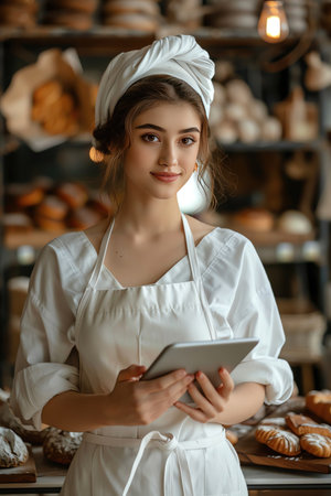 Female baker in white uniform, holding tablet, bakery setting, warm lightingの素材