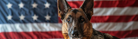 German Shepherd in front of American flag, patriotic themeの素材