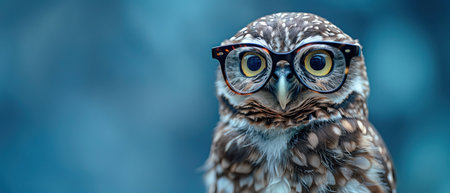 Closeup of an owl wearing glasses, blue background, centered and welllitの素材