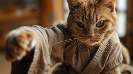 Karate cat in action, serious expression, closeup, indoor settingの素材