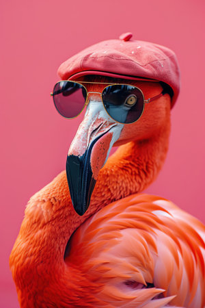 Flamingo with sunglasses and cap, vibrant pink background, playful and stylishの素材