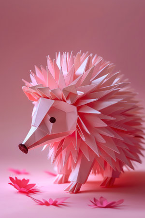 Origami hedgehog on pink background, soft lightingの素材
