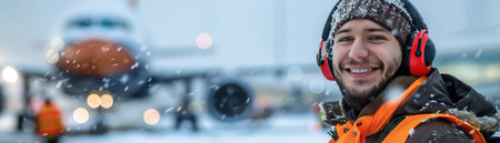 Smiling airport worker, earmuffs, beanie, safety vest, airplane in background, snowy runwayの素材