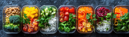Colorful healthy meal prep boxes, vibrant vegetables, and proteinsの素材