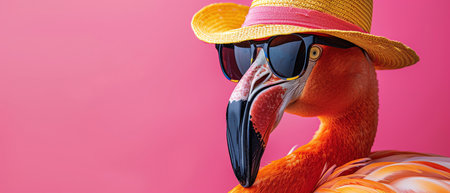 Flamingo with hat and sunglasses, pink background, stylish lookの素材