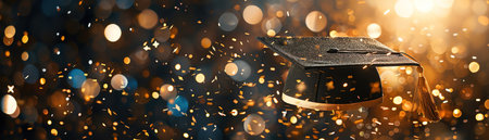 Graduation cap with golden confetti, celebration, and achievementの素材