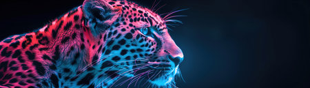 Leopard with neon pink and blue lighting, closeup, dark background, vibrant colorsの素材