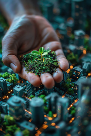Hand nurturing small plant in a digital green city model, futuristic urban planning conceptの素材