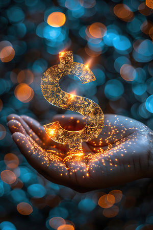Hand holding a glowing dollar sign, blue bokeh background, financial conceptの素材