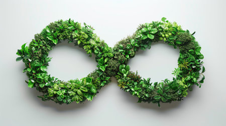 Infinity symbol made of lush greenery, white background, nature and sustainabilityの素材