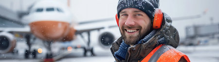Smiling airport worker, earmuffs, beanie, safety vest, airplane in background, snowy runwayの素材
