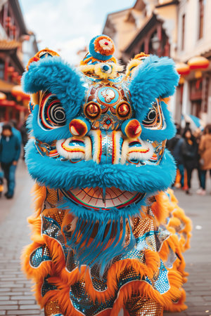 Traditional lion dance costume during a festival, vibrant colors, bustling street, closeupの素材