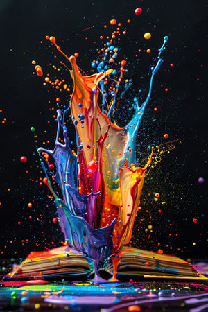 Vibrant paint splashes erupting from an open book, dark background, dynamic and creativeの素材